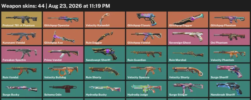 Valorant account inventory for LVL 156 · 44 Skins Glitchpop Dagger & Velocity Karambit