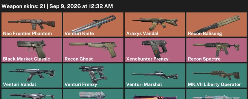 Valorant account inventory for LVL 88 · Venturi Knife & Xenohunter Frenzy & Araxys Vandal