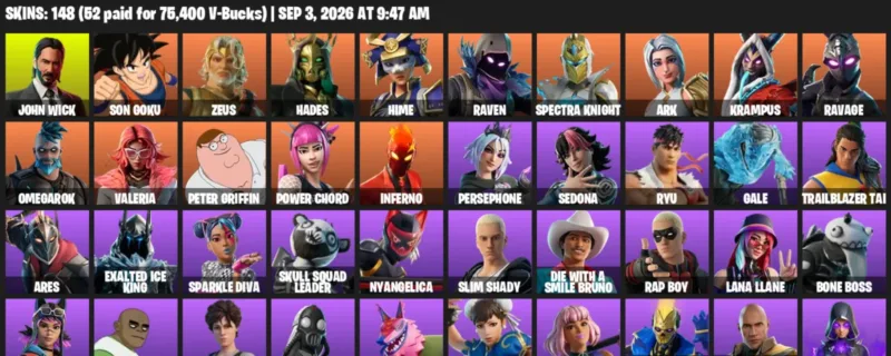 Fortnite account inventory for LVL 509 - John Wick - Son Goku - 148 Outfits