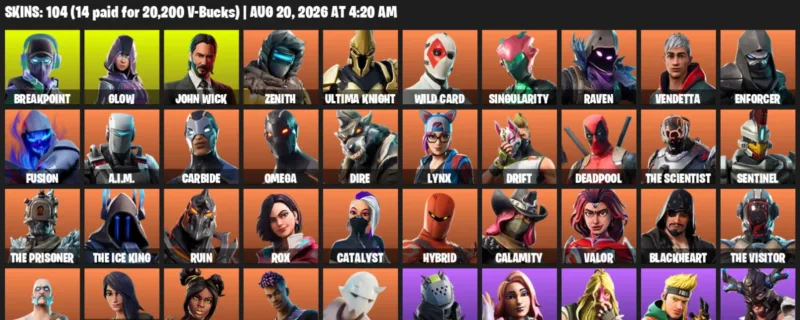 Fortnite account inventory for LVL 1114 - Breakpoint - Glow - 104 Outfits