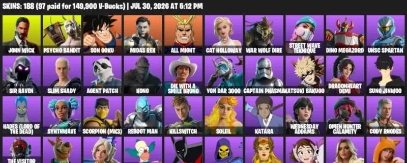 Fortnite Accounts listing: LVL 267 - John Wick - Psycho Bandit - 188 Outfits - 188 outfits