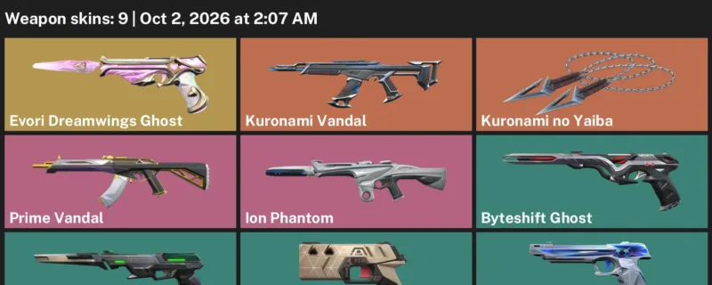 Valorant account inventory for LVL 84 · Kuronami Vandal & Prime Vandal