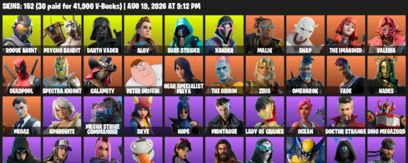 Fortnite account inventory for LVL 1083 - Rogue Agent - Psycho Bandit - 152 Outfits