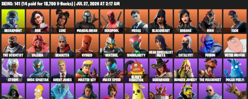 Fortnite Accounts listing: LVL 1699 - Breakpoint - Rox - 141 Outfits - 141 outfits
