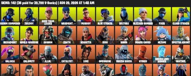 Fortnite account inventory for LVL 1594 - Carbon Commando - Trilogy - 142 Outfits
