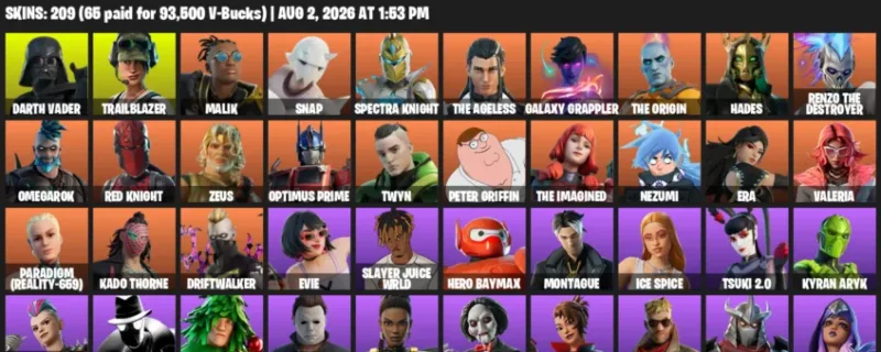Fortnite account inventory for LVL 2564 - Darth Vader - Trailblazer - 209 Outfits