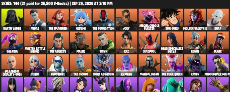 Fortnite account inventory for Darth Vader - Midas - 120 Outfits
