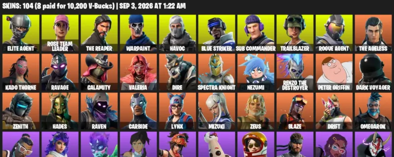 Fortnite account inventory for LVL 1467 - Elite Agent - Rose Team Leader - 104 Outfits