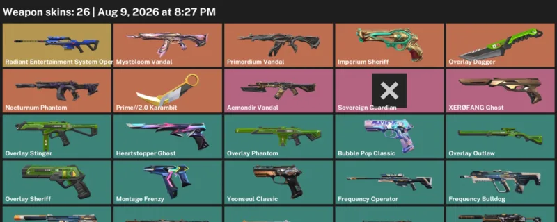 Valorant account inventory for LVL 179 · Overlay Dagger & Prime & 2.0 Karambit