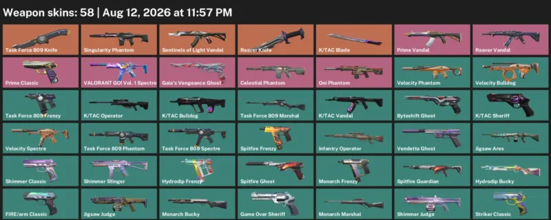 Valorant account inventory for LVL 232 · Tac Blade & Reaver Knife & Task Force 809 Knife