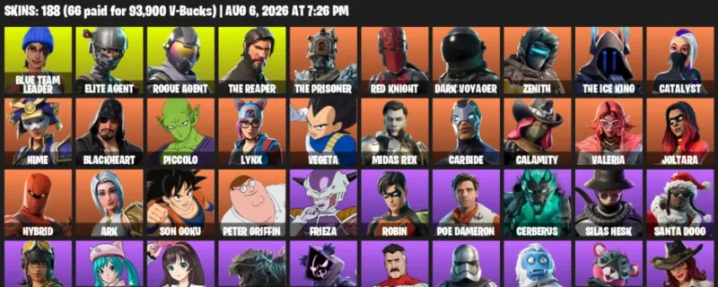Fortnite account inventory for LVL 1112 - Blue Team Leader - Elite Agent - 188 Outfits