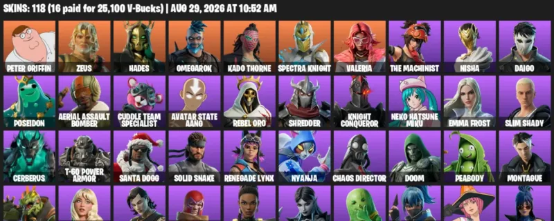 Fortnite account inventory for LVL 1404 - Peter Griffin - Zeus - 118 Outfits