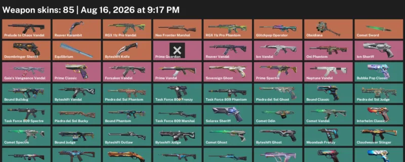 Valorant account inventory for LVL 223 · Reaver Karambit & 85 Skins Byteshift Knife
