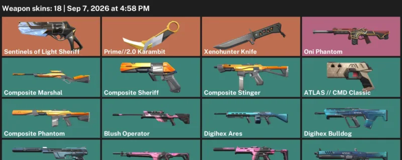 Valorant account inventory for LVL 83 · 2.0 Karambit & Xenohunter Knife & 18 Skins Prime