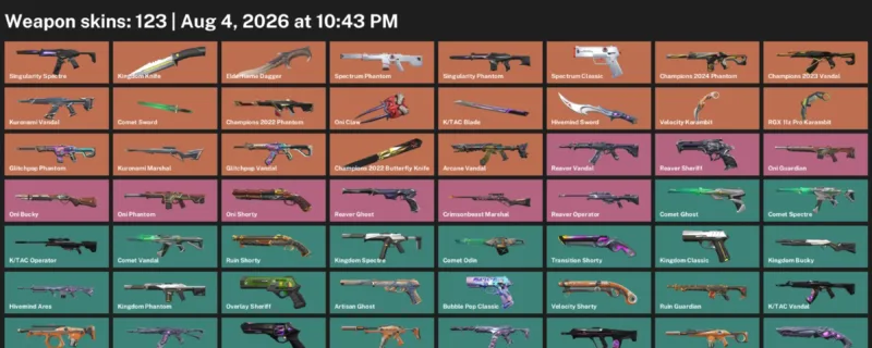 Valorant account inventory for LVL 327 · 123 Skins Champions 2022 Butterfly Knife