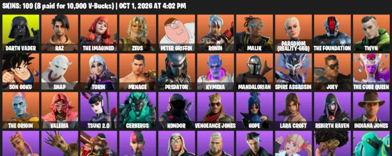 Fortnite account inventory for Darth Vader - Raz - 109 Outfits
