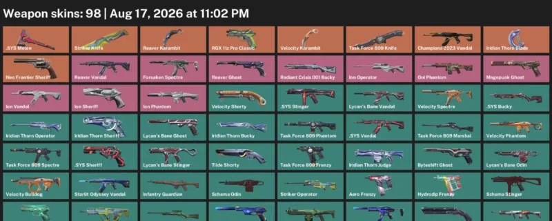 Valorant account inventory for LVL 282 · Reaver Karambit & Velocity Karambit