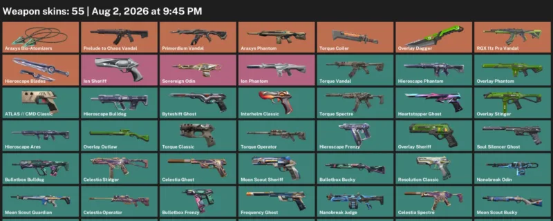 Valorant account inventory for LVL 266 · Araxys Phantom & Overlay Dagger