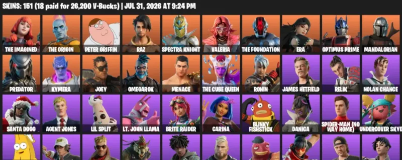 Fortnite account inventory for LVL 2133 - The Imagined - The Origin - 151 Outfits