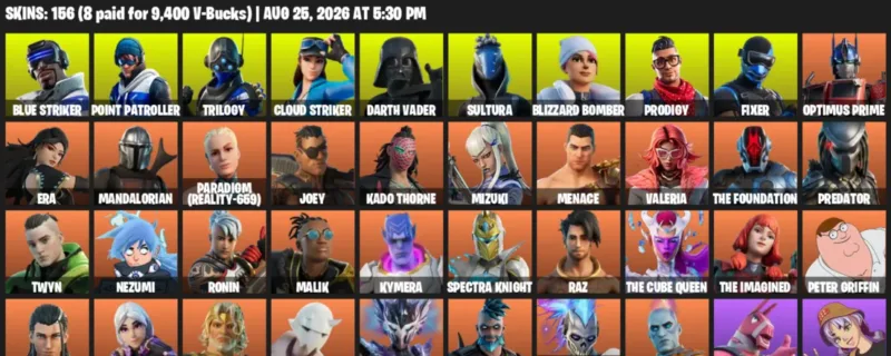 Fortnite account inventory for LVL 2501 - Blue Striker - Point Patroller - 156 Outfits