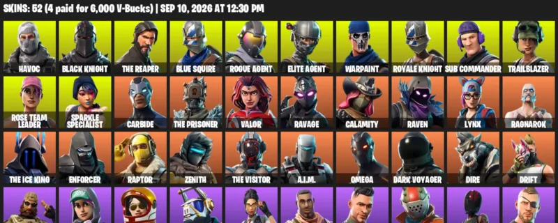 Fortnite account inventory for LVL 519 - Havoc - Black Knight - 52 Outfits