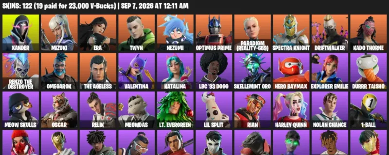 Fortnite account inventory for LVL 1366 - Xander - Mizuki - 122 Outfits