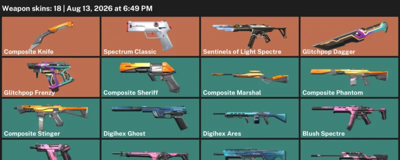 Valorant account inventory for LVL 52 · Composite Knife & Glitchpop Dagger & 18 Skins Composite Knife