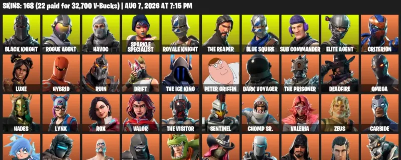 Fortnite account inventory for LVL 2558 - Black Knight - Rogue Agent - 168 Outfits