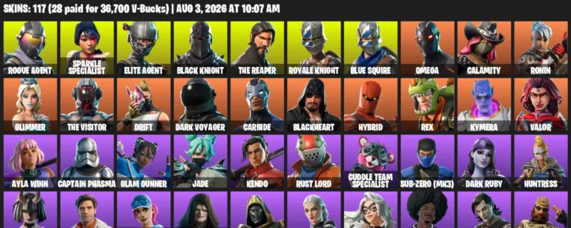 Fortnite account inventory for LVL 2072 - Rogue Agent - Sparkle Specialist - 117 Outfits
