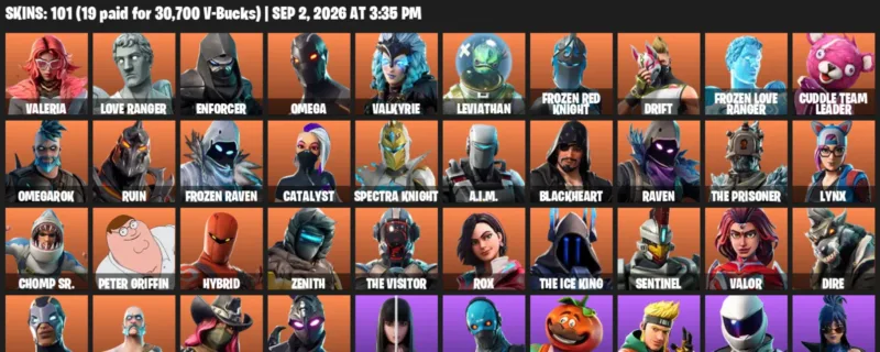 Fortnite account inventory for LVL 722 - Valeria - Love Ranger - 101 Outfits