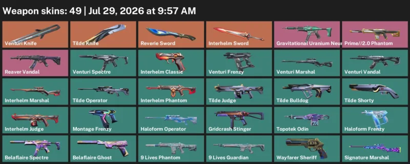 Valorant Accounts listing: LVL 166 · Interhelm Sword & Reverie Sword · 49 Skins - Platinum 3, 49 skins
