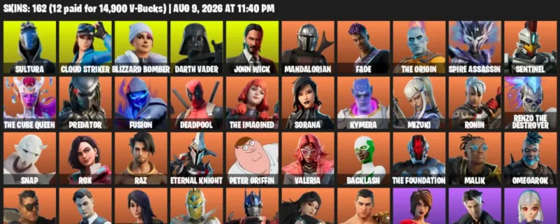 Fortnite account inventory for LVL 2776 - Sultura - Cloud Striker - 162 Outfits