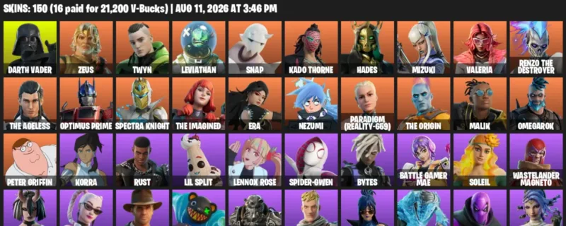 Fortnite account inventory for LVL 1891 - Darth Vader - Zeus - 150 Outfits