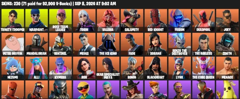 Fortnite account inventory for LVL 2412 - Trinity Trooper - Warpaint - 230 Outfits