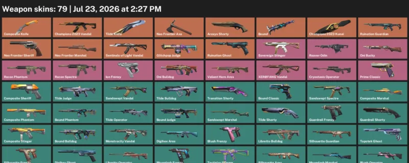 Valorant Accounts listing: LVL 177 · Champions 2023 Kunai & Composite Knife · 79 Skins - Bronze 2, 79 skins