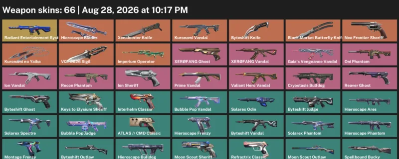Valorant account inventory for LVL 128 · Xenohunter Knife & Byteshift Knife