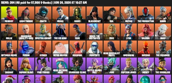Fortnite account inventory for LVL 2092 - Prodigy - Kado Thorne - 264 Outfits