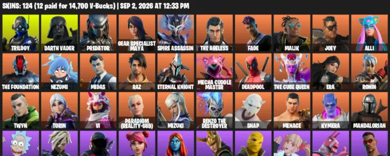 Fortnite account inventory for LVL 2154 - Trilogy - Darth Vader - 124 Outfits