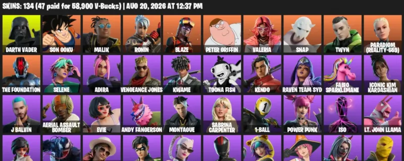 Fortnite account inventory for LVL 1084 - Darth Vader - Son Goku - 134 Outfits
