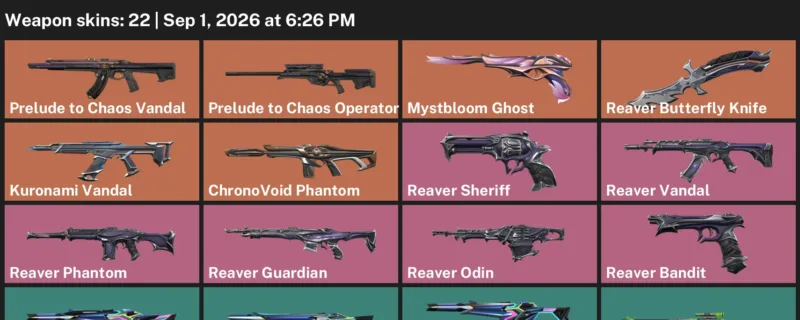 Valorant account inventory for LVL 58 · Reaver Butterfly Knife & Kuronami Vandal