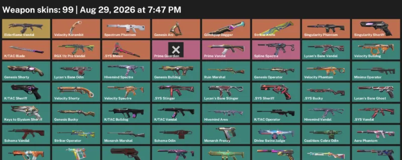 Valorant account inventory for LVL 193 · Glitchpop Dagger & Velocity Karambit