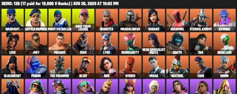 Fortnite account inventory for LVL 1577 - Warpaint - Royale Bomber - 120 Outfits