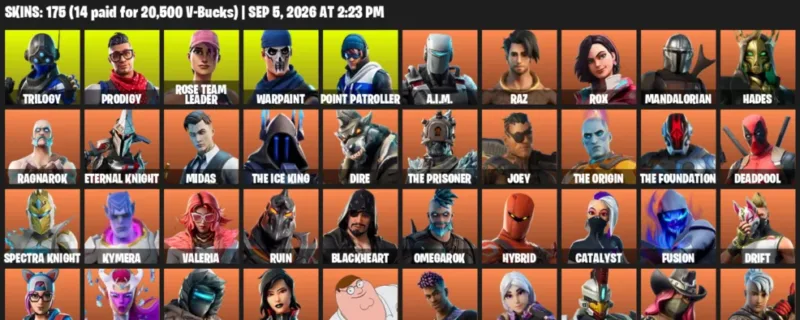 Fortnite account inventory for LVL 2632 - Trilogy - Prodigy - 175 Outfits