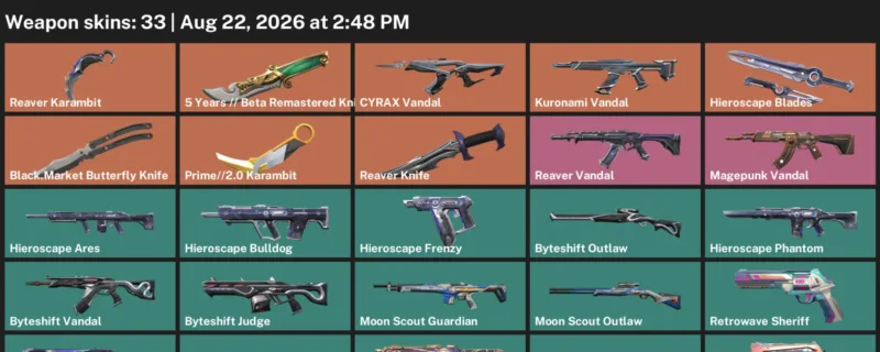 Valorant account inventory for LVL 82 · Reaver Karambit & Reaver Knife