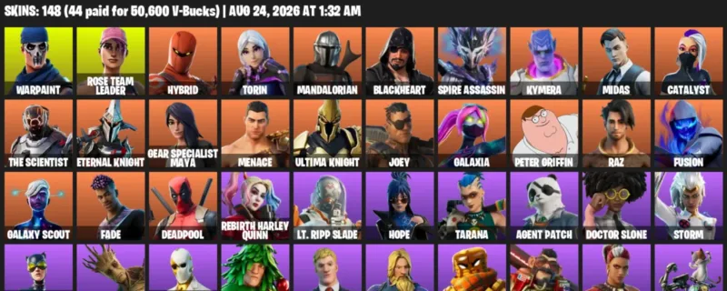 Fortnite account inventory for LVL 1994 - Warpaint - Rose Team Leader - 148 Outfits