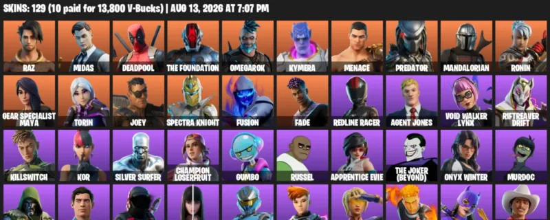Fortnite account inventory for LVL 1705 - Raz - Midas - 129 Outfits