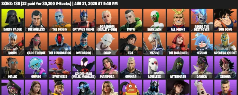 Fortnite account inventory for LVL 1752 - Darth Vader - The Ageless - 136 Outfits