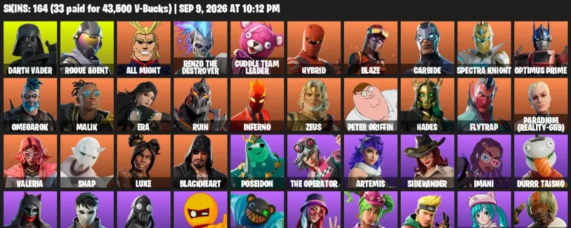 Fortnite account inventory for LVL 1626 - Darth Vader - Rogue Agent - 164 Outfits