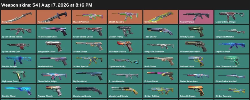Valorant account inventory for LVL 275 · 54 Skins Reaver Knife & Reaver Knife & Striker Knife