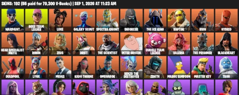Fortnite account inventory for LVL 1809 - Warpaint - Rose Team Leader - 192 Outfits